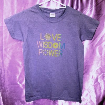 Love Wisdom Power on violet shirt