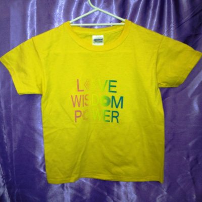 Love Wisdom Power on yellow shirt